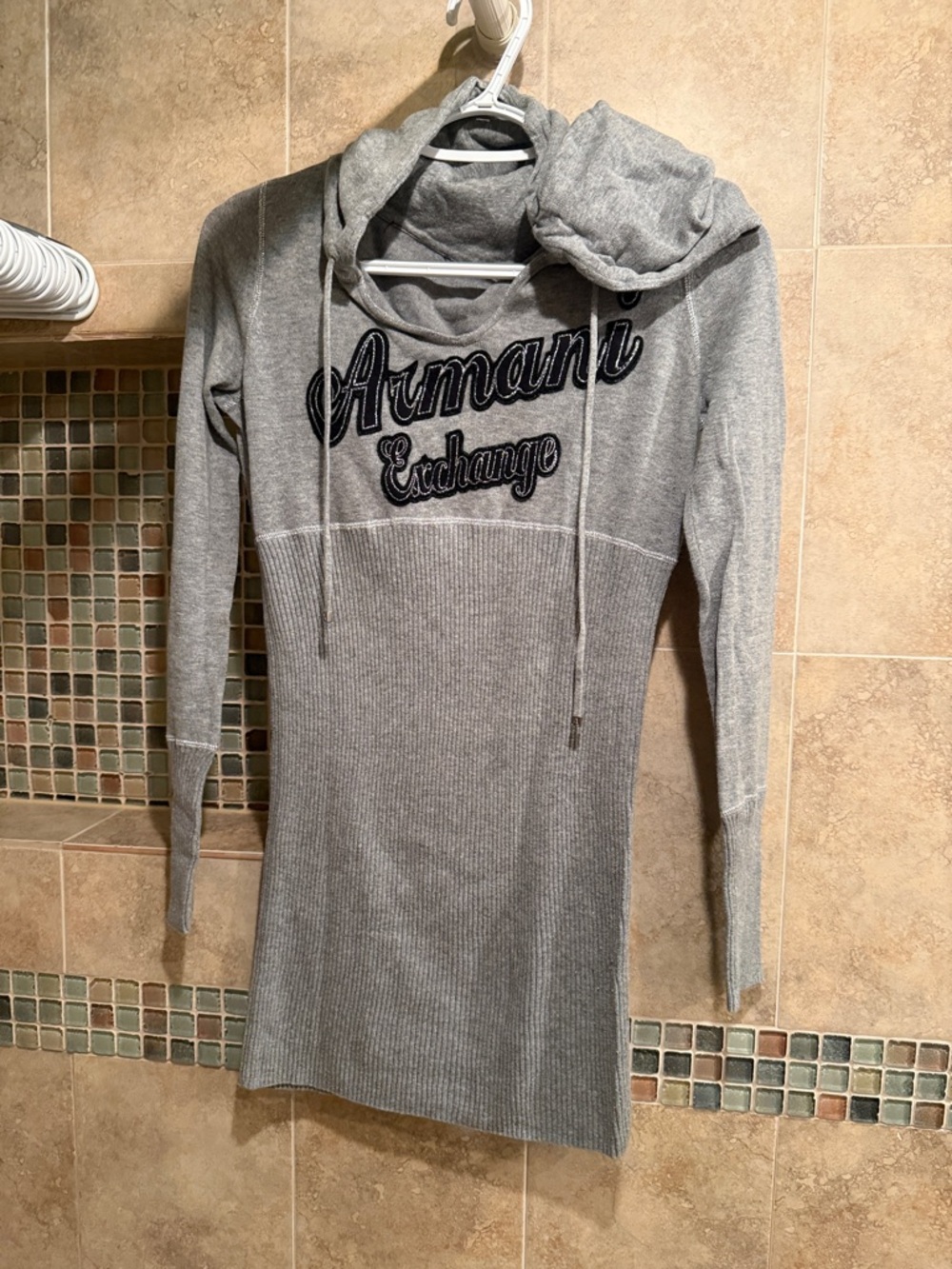 Armani Exchange Gray Hooded Sweater Dress with Script Logo